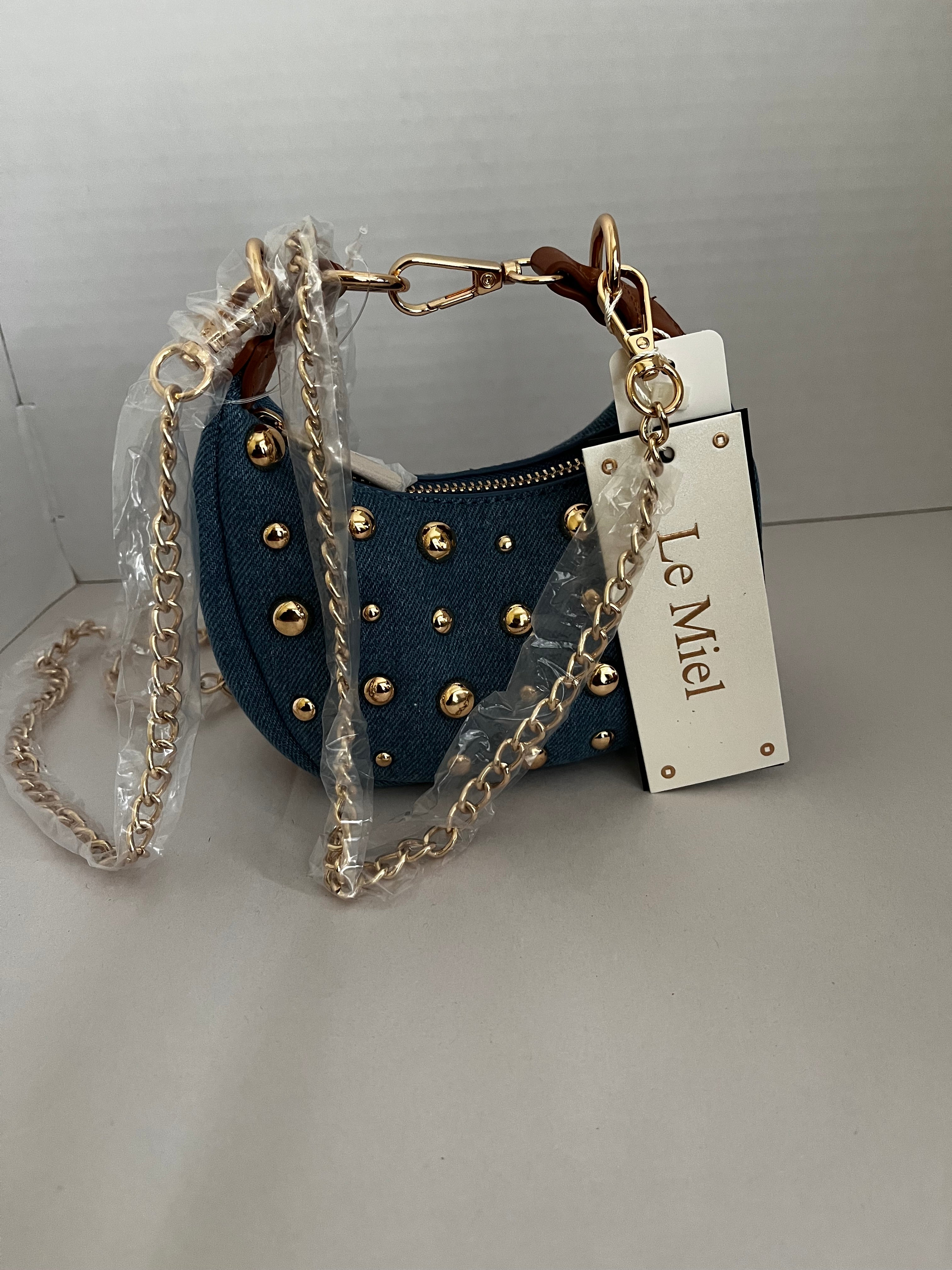 Le Miel Denim “LOVE” Studded Crossbody Bag – Gold Chain Strap
