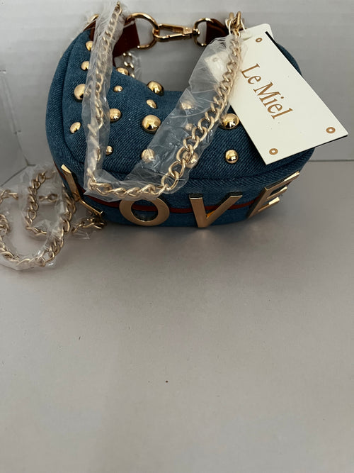 Le Miel Denim “LOVE” Studded Crossbody Bag – Gold Chain Strap