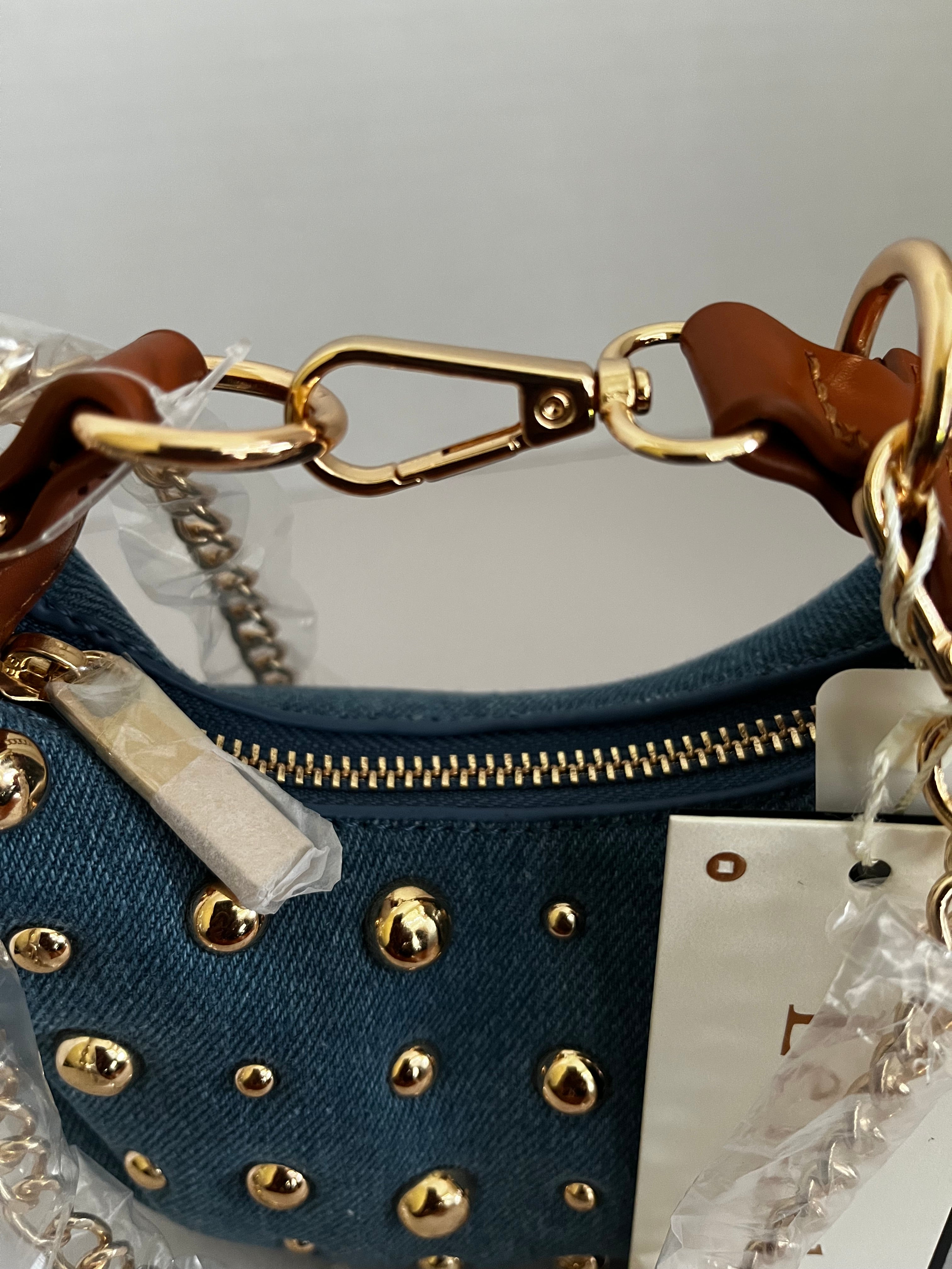 Le Miel Denim “LOVE” Studded Crossbody Bag – Gold Chain Strap