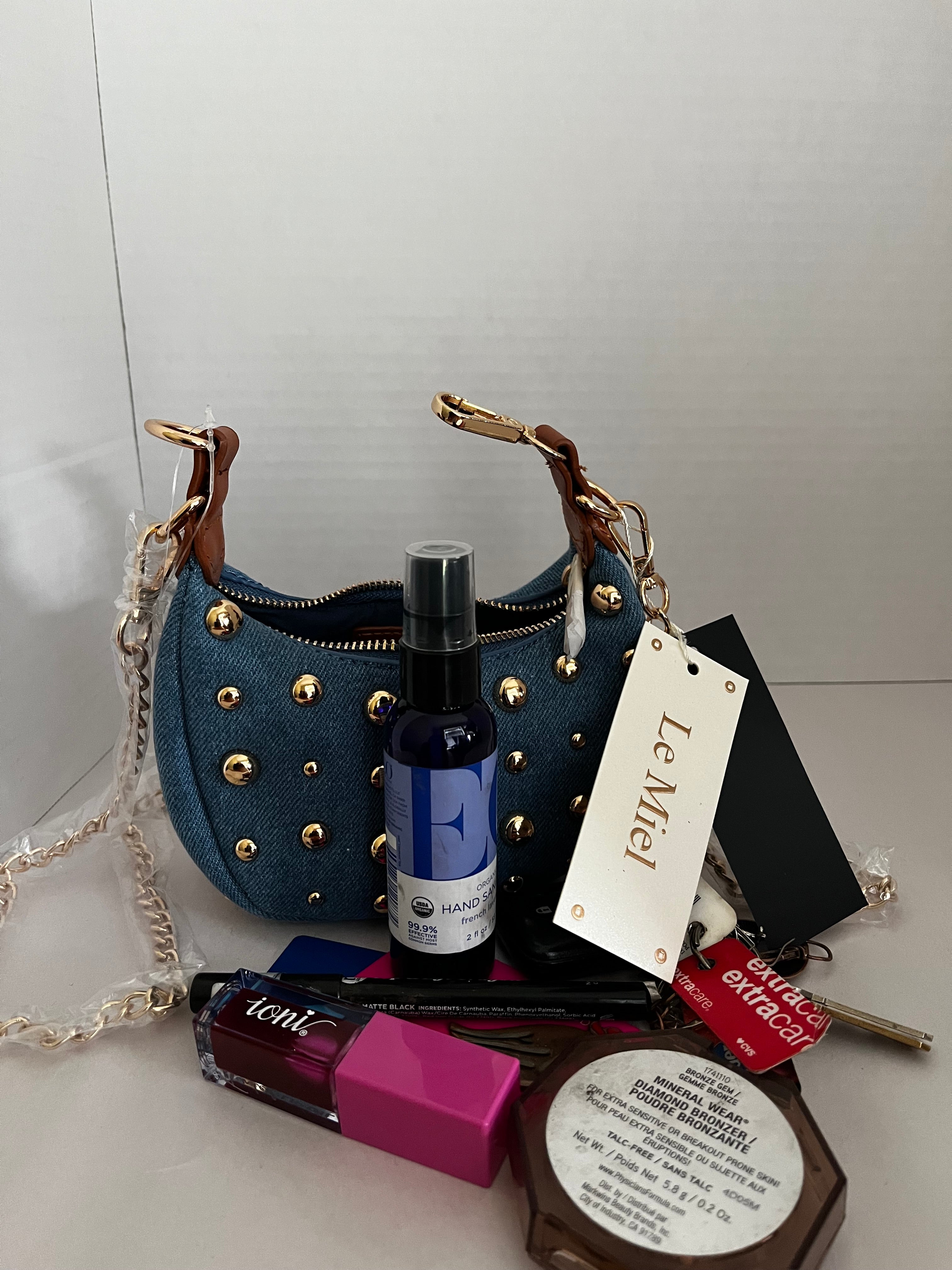 Le Miel Denim “LOVE” Studded Crossbody Bag – Gold Chain Strap