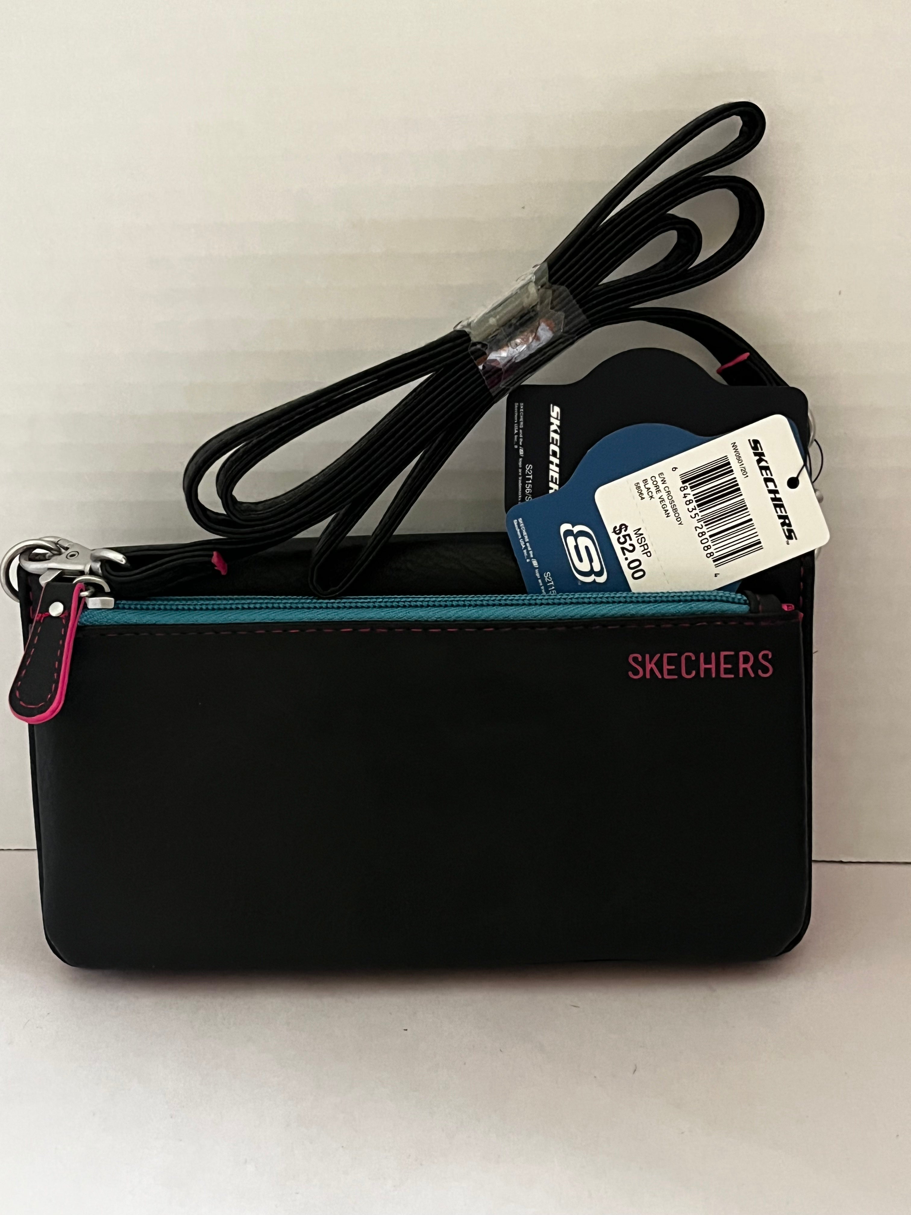 Skechers Zip‑Around Wallet Crossbody – Black with Teal & Pink Accents