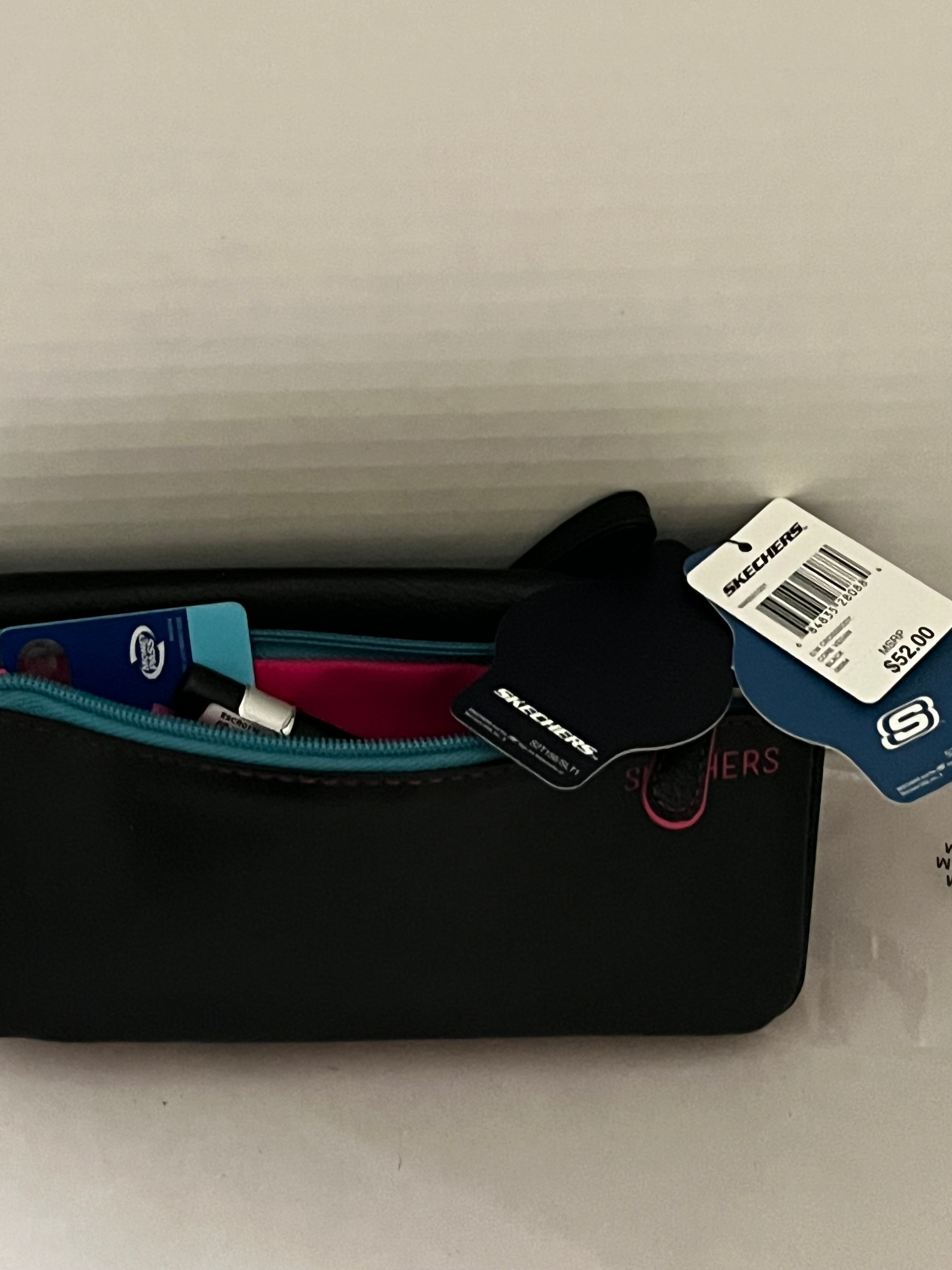 Skechers Zip‑Around Wallet Crossbody – Black with Teal & Pink Accents