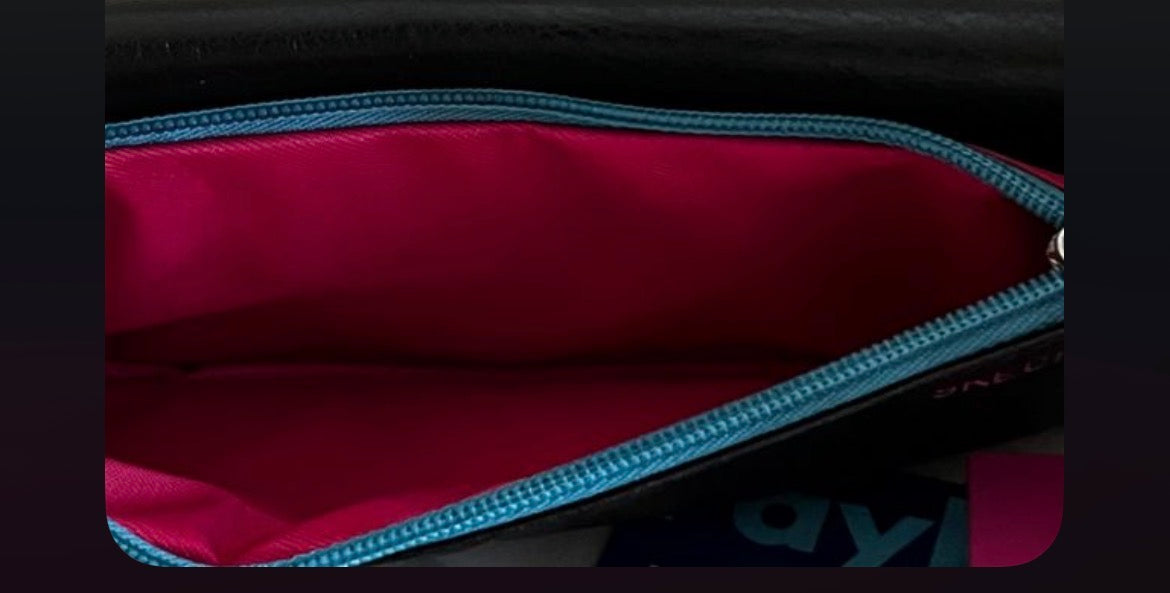 Skechers Zip‑Around Wallet Crossbody – Black with Teal & Pink Accents